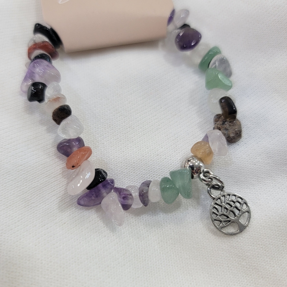 Multicolor Gemstone Bracelet with Tree Charm